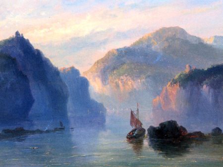 A Mountainous River Landscape With A Sailboat At Dusk by Josephus Gerardus Hans - Hand-Painted Oil Painting on Canvas Online Hot Sale