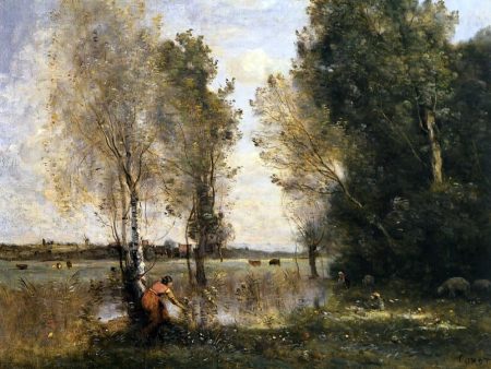 Woman Picking Flowers in a Pasture by Jean-Baptiste-Camille Corot - Hand-Painted Oil Painting on Canvas For Cheap