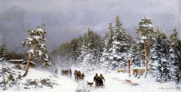 A Wintery Walk by Hjalmar Munsterhjelm - Hand-Painted Oil Painting on Canvas For Sale