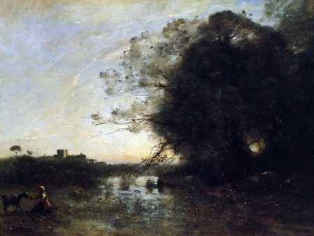 The Swamp by the Large Tree with a Goatherd by Jean-Baptiste-Camille Corot - Hand-Painted Oil Painting on Canvas Cheap