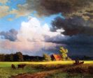 Bavarian Landscape (also known as Red Barn) by Albert Bierstadt - Hand-Painted Oil Painting on Canvas For Sale