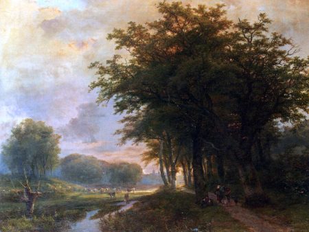 A Wooded River Valley With Peasants On A Path, Cattle In A  Meadow Beyond by Johann Bernard Klombeck - Hand-Painted Oil Painting on Canvas Online now