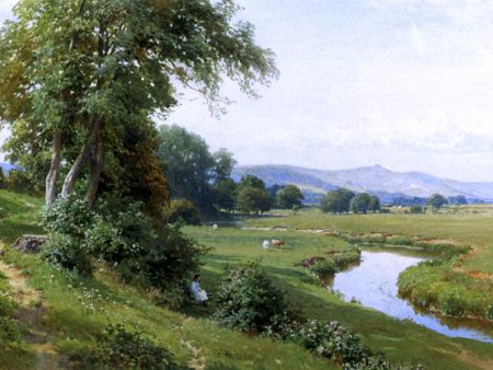 An Extensive River Landscape With A Young Girl Balancing On A Gate by Harry Sutton Palmer - Hand-Painted Oil Painting on Canvas Sale