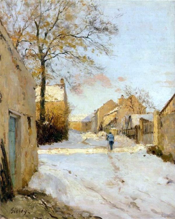 A Village Street in Winter by Alfred Sisley - Hand-Painted Oil Painting on Canvas Fashion