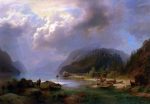 Alpine Lake Scene by Herman Herzog - Hand-Painted Oil Painting on Canvas For Cheap