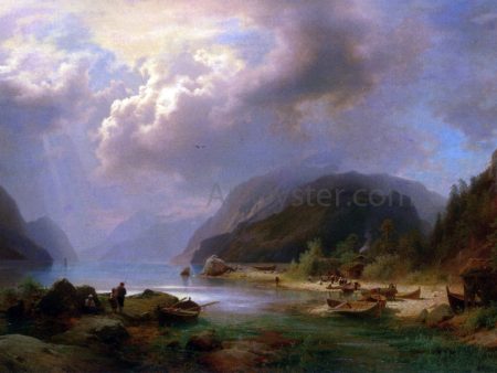 Alpine Lake Scene by Herman Herzog - Hand-Painted Oil Painting on Canvas For Cheap