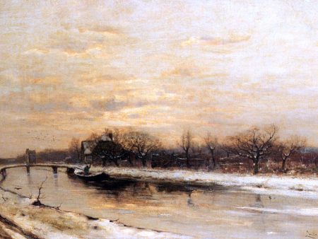 Winter: An Orchard Alongside A Canal With A Farmhouse In The Distance At Dusk by Louis Apol - Hand-Painted Oil Painting on Canvas For Sale