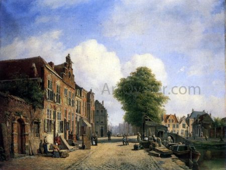 A View in a Town with Townsfolk on a Street Along a Canal by Marinus Van Raden - Hand-Painted Oil Painting on Canvas Online Hot Sale