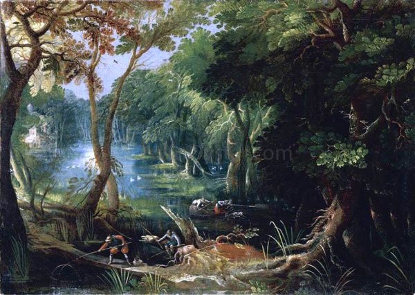 Wooded River Landscape by Frederik Van Valkenborch - Hand-Painted Oil Painting on Canvas For Sale