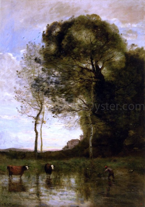 Banks of a Pond with Two Cows, Italian Souvenir by Jean-Baptiste-Camille Corot - Hand-Painted Oil Painting on Canvas Supply