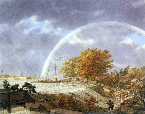 Autumn Landscape with Rainbow by Jacob Cats - Hand-Painted Oil Painting on Canvas on Sale