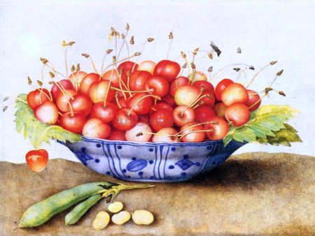 Chinese Porcelain Plate with Cherries by Giovanna Garzoni - Hand-Painted Oil Painting on Canvas Hot on Sale