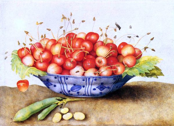 Chinese Porcelain Plate with Cherries by Giovanna Garzoni - Hand-Painted Oil Painting on Canvas Hot on Sale