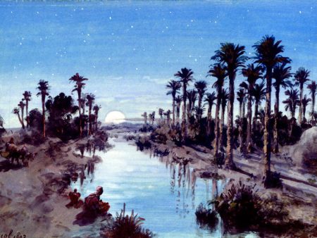 An oasis at night by Paul Pascal - Hand-Painted Oil Painting on Canvas For Cheap