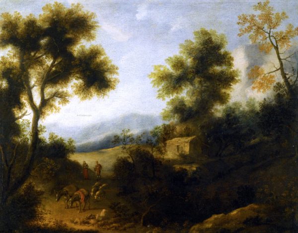 Wooded Landscape with a Herdsman and Woman on a Path in the Foreground by Ignacio De Iriarte - Hand-Painted Oil Painting on Canvas Sale