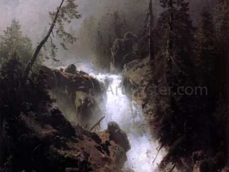 Cascade with a Fisherman by Herman Herzog - Hand-Painted Oil Painting on Canvas For Sale