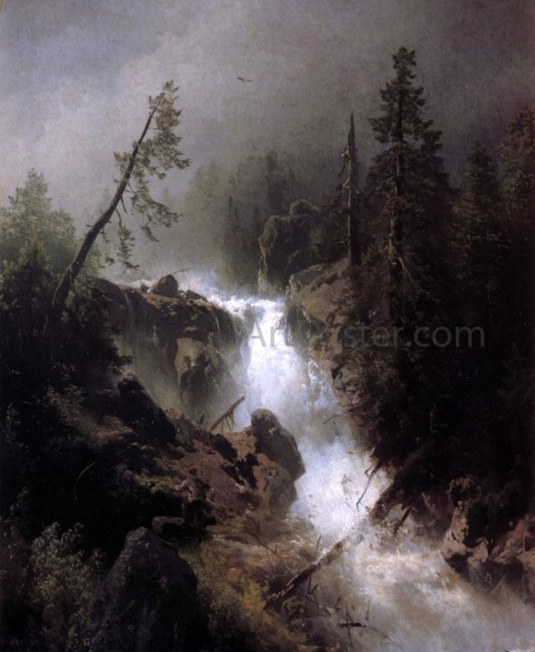 Cascade with a Fisherman by Herman Herzog - Hand-Painted Oil Painting on Canvas For Sale