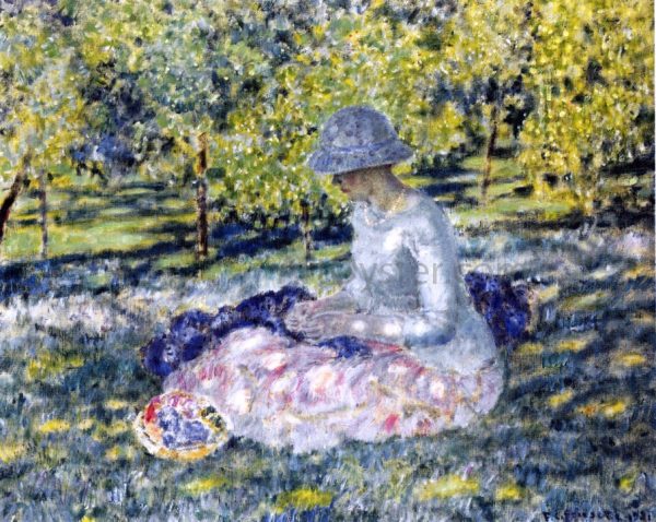 A Woman Seated in a Park with Basket by Frederick Carl Frieseke - Hand-Painted Oil Painting on Canvas For Cheap