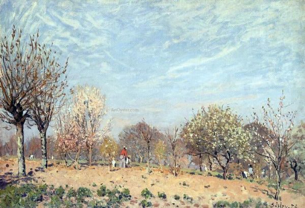 Apple Trees in Flower, Spring Morning (also known as Pommiers en Fleurs - Louveciennes) by Alfred Sisley - Hand-Painted Oil Painting on Canvas For Sale