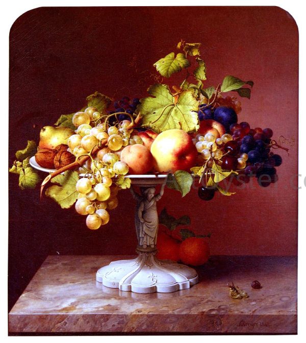 A Still Life With A Bowl Of Fruit On A Marble Table by Johann Wilhelm Preyer - Hand-Painted Oil Painting on Canvas For Sale