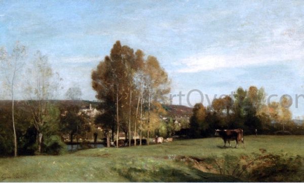 A Landscape with Cows by Eugene-Antoine-Samuel Lavielle - Hand-Painted Oil Painting on Canvas Discount