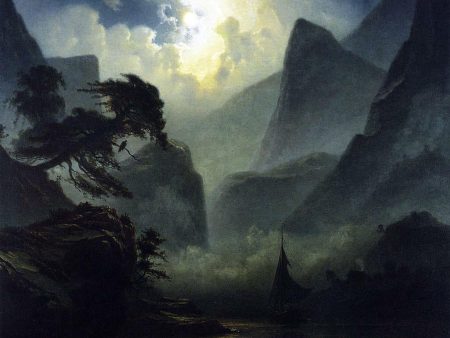 A Norwegian Fjord by Moonlight by Knud Andreassen Baade - Hand-Painted Oil Painting on Canvas Fashion