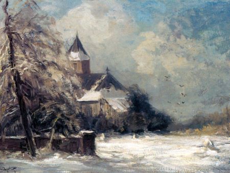 A Church In A Snow Covered Landscape by Louis Apol - Hand-Painted Oil Painting on Canvas Online Sale