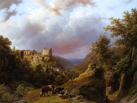 Countryfolk, Cattle and Goats on a Mountain Path with a Village Beyond by Barend Cornelis Koekkoek - Hand-Painted Oil Painting on Canvas For Sale