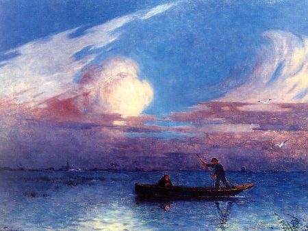 Boating at Night in Briere by Ferdinand Du Puigaudeau - Hand-Painted Oil Painting on Canvas For Sale