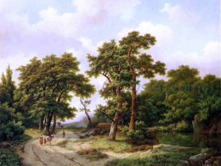 A Wooded Landscape with Travelers and A Horseman Conversing on a Track along a Pond by Marianus Adrianus Koekkoek - Hand-Painted Oil Painting on Canvas Supply