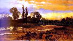 Sunset: a Figure feeding Geese in a Marsh Landscape by John Horace Hooper - Hand-Painted Oil Painting on Canvas Cheap