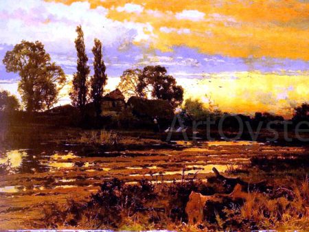 Sunset: a Figure feeding Geese in a Marsh Landscape by John Horace Hooper - Hand-Painted Oil Painting on Canvas Cheap