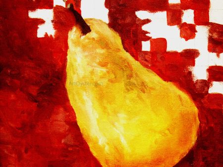 Yello Pear on Red by Our Original Collection - Hand-Painted Oil Painting on Canvas For Cheap