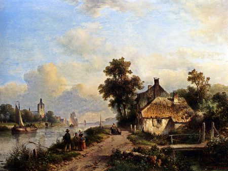 A Summer Landscape With Figures Along A Waterway by Lodewijk Johannes Kleijn - Hand-Painted Oil Painting on Canvas Online Hot Sale